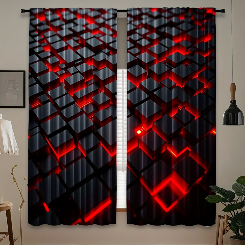 Office Tech Room - 2 Cortinas Geométricas Rojas y Negras